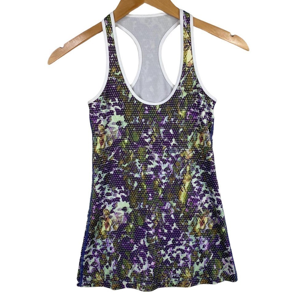 Lululemon Cool Racerback Purple & Pink Floral Sport White Tank-2-XS